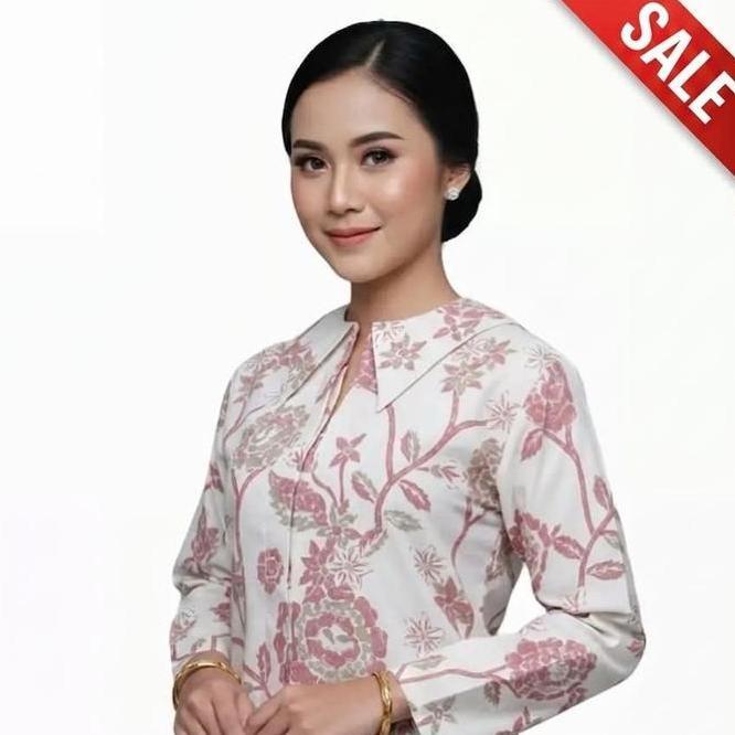 Habibi Batik Batik Blouse Sogan Ayu Kencana Mawar Putih Atasan Wanita Formal Santai