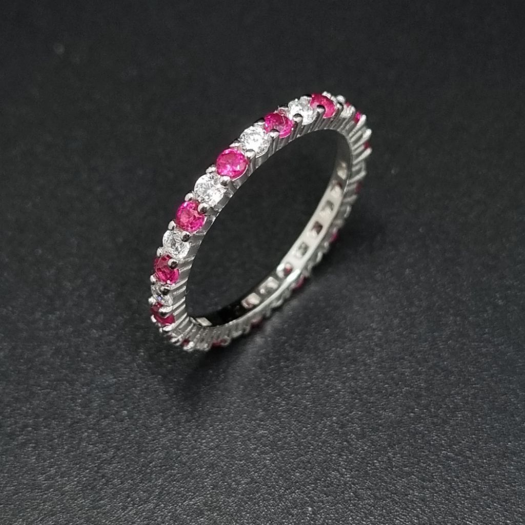 (Swancraft SW-1337R) Cincin Listring Stacking Pink and White Zircon Cantik Setting Silver Perak S925