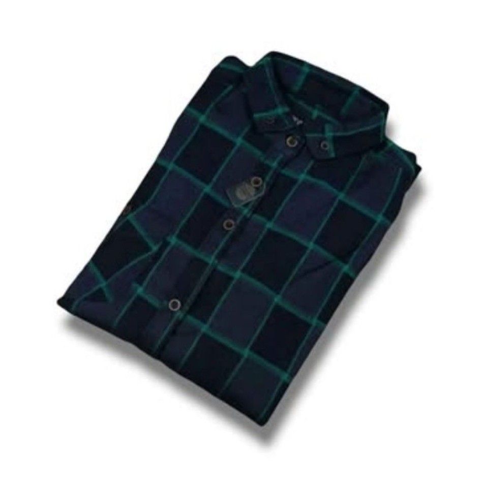 Kemeja Flanel Pria Semi Wool Slimfit Motif Kotak Dot Biru L XL