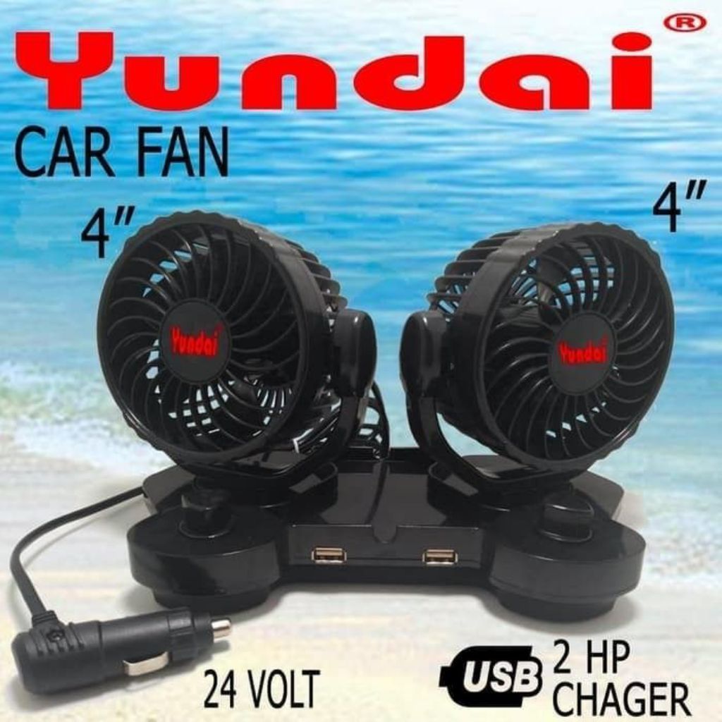 Kipas Angin Mobil Yundai Dual Head - USB Charger, Rotasi 360 Derajat, Desain Kompak
