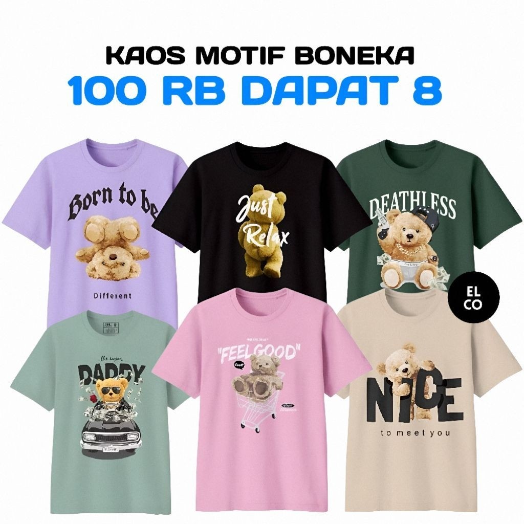 Kaos Distro Motif Boneka | 100RB Dapat 8 Pcs | Kaos Murah Dewasa Pria Wanita