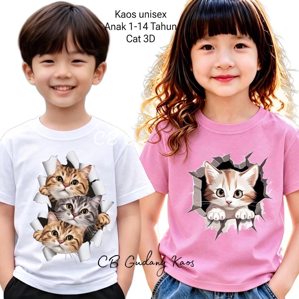CB kaos Anak 1-14 Tahun/ gambar kucing 3D viral/ Laki-laki perempuan