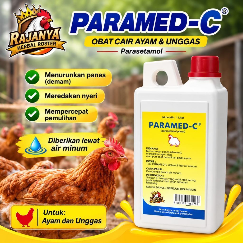 Paramed-C 1 Liter obat cair Medion berisi parasetamol. Obat ini untuk ayam dan unggas. Fungsinya unt