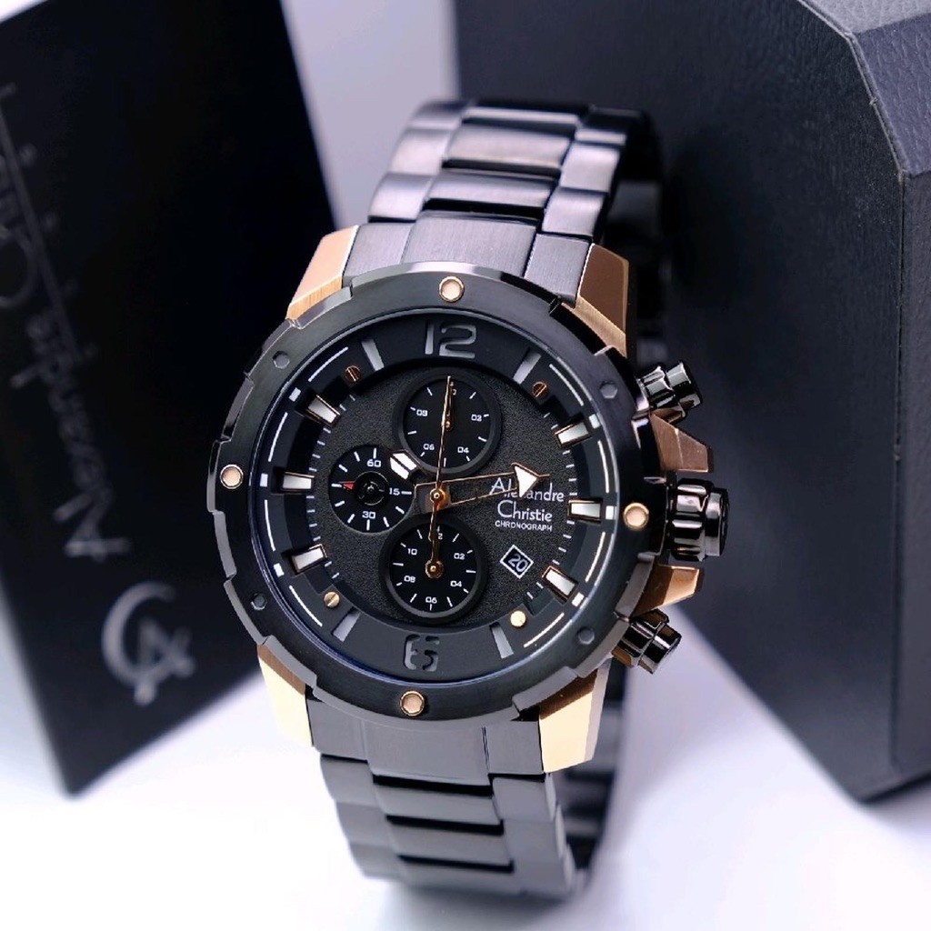 JAM TANGAN PRIA ALEXANDRE CHRISTIE AC 6410 AC6410 ROSEGOLD BLACK RANTAI ORIGINAL