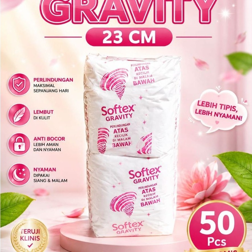 pembalut murah soptek gravity 23 cm 50 pcs halus ,lembut,dan nyaman sepanjang hari