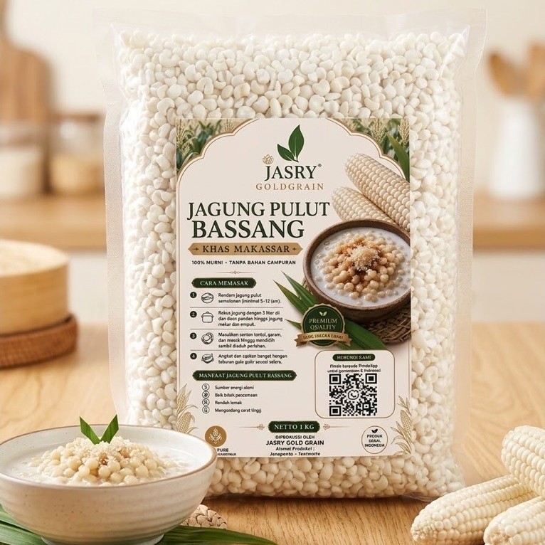 Jagung pulut putih jagung bassang, bubur bassang, kuliner Makassar, jagung kupas, bassang instan, ja
