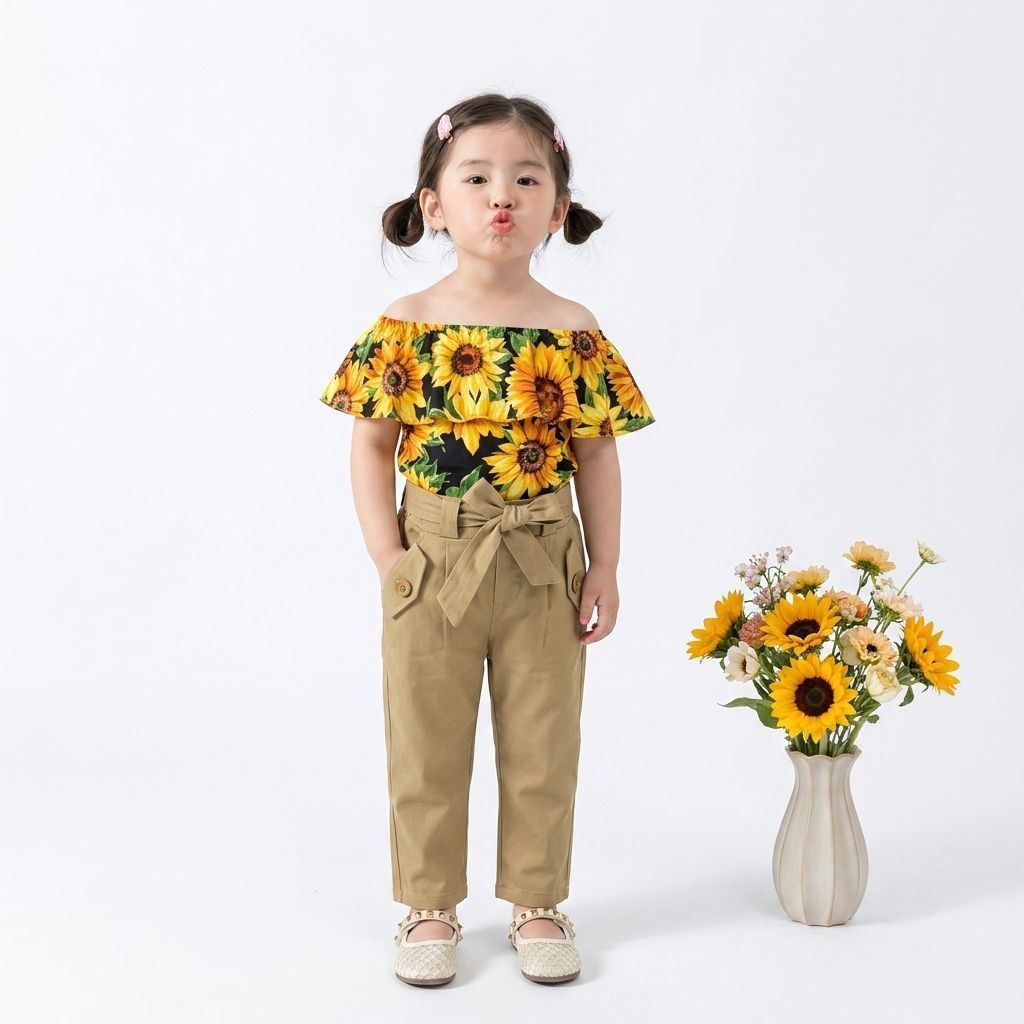 Sunflower Set Anak Perempuan Cantik Pantai Harian Setelan Simple Outfit Jalan-Jalan RX