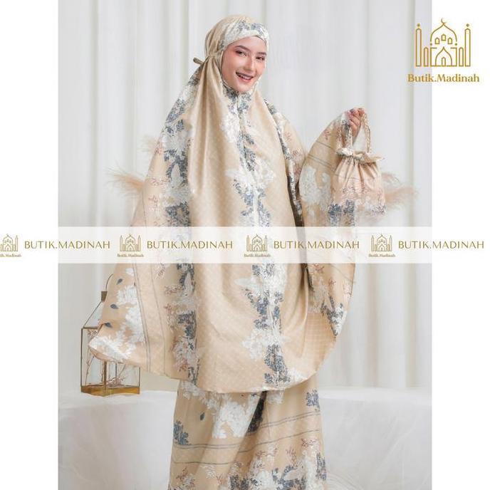Litgo- Butik.Madinah Mukena Desa Azura Hasya In1 Resleting Travel Katun Motif Atasan Cantik Nyaman L