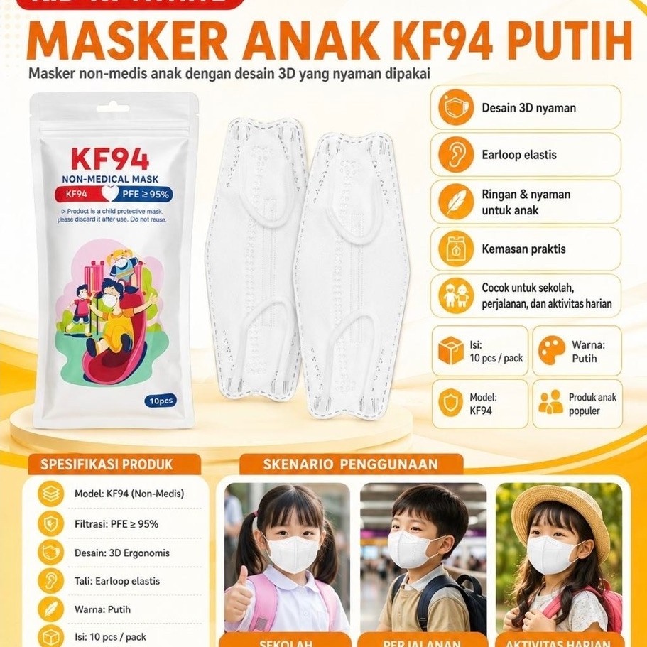 ( KKM ) MASKER KF94 Korea ANAK POLOS PUTIH HITAM ISI 10PC - MASKER KF94 ANAK KIDS EVO 4PLY WARNA