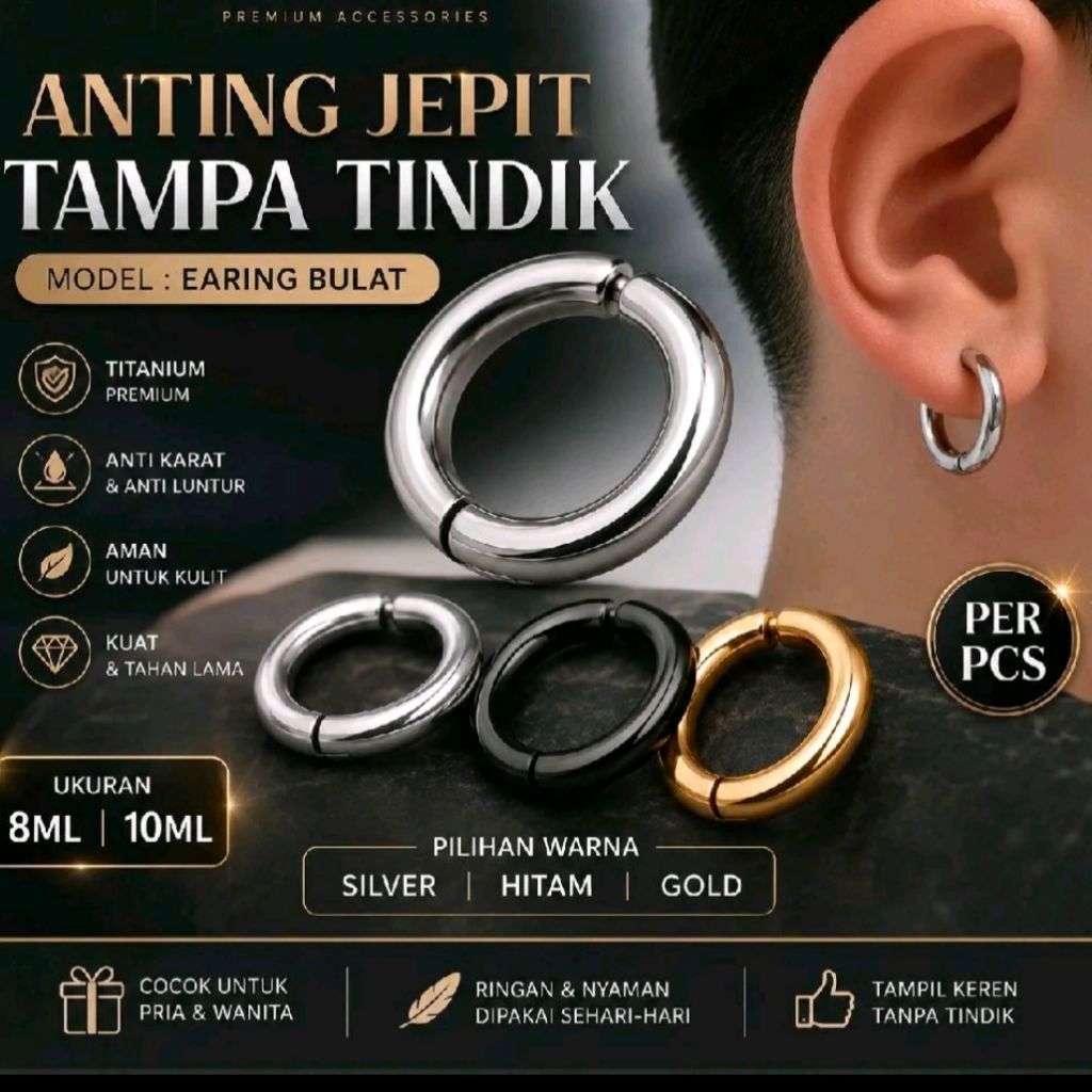 anting hoop tanpa tindikan/anting model jepit pria dan wanita hoop ring