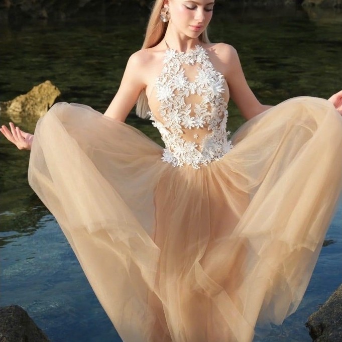 DRESS MAXI HALTER NECK 3D FLORAL LACE TULLE BALL GOWN ELEGANT PREMIUM PARTY DRESS OBB-ORIGINAL BUTIK