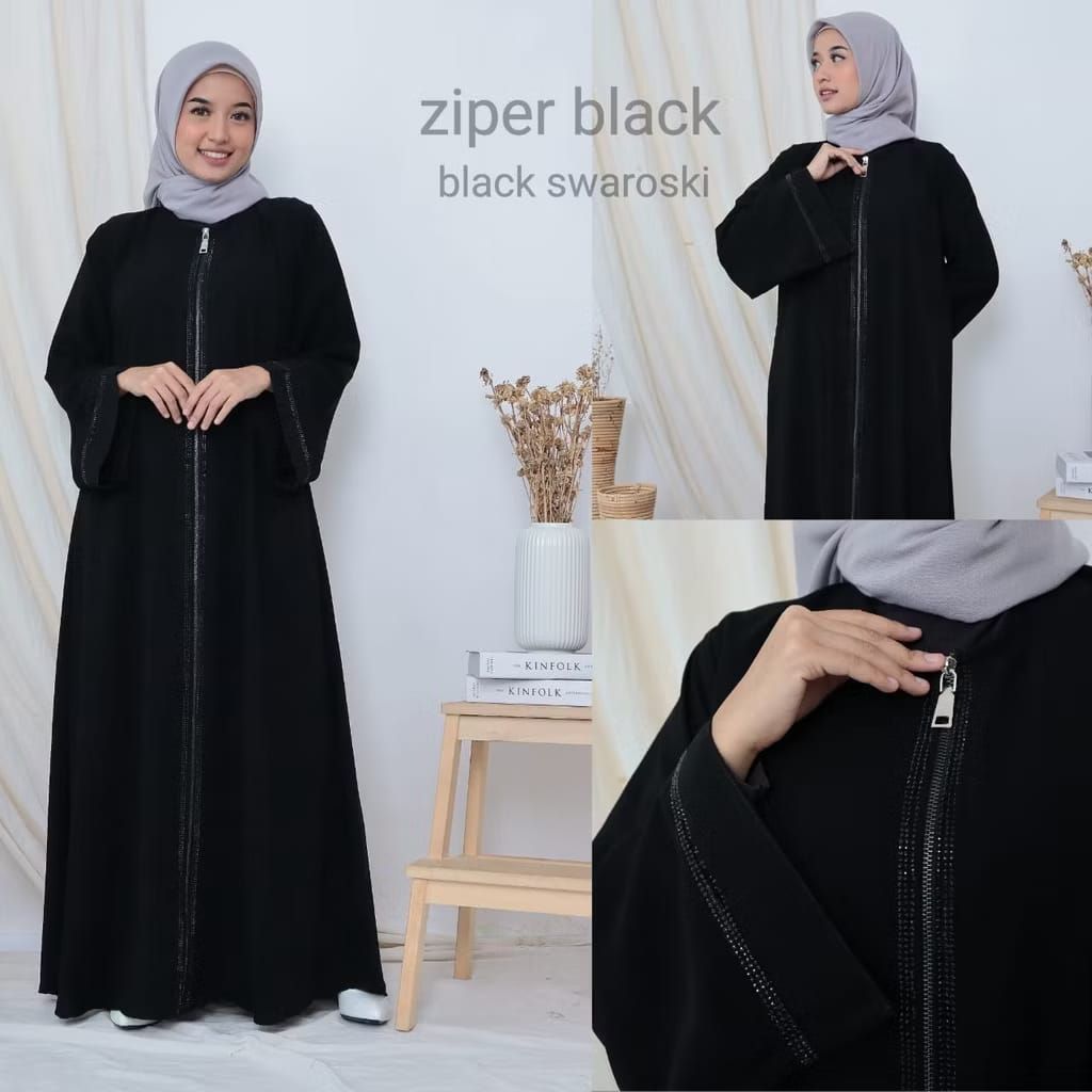 zy black Abaya Arab Gamis Hitam Busui Saudi Jetblack Permata Swarosky S-XL