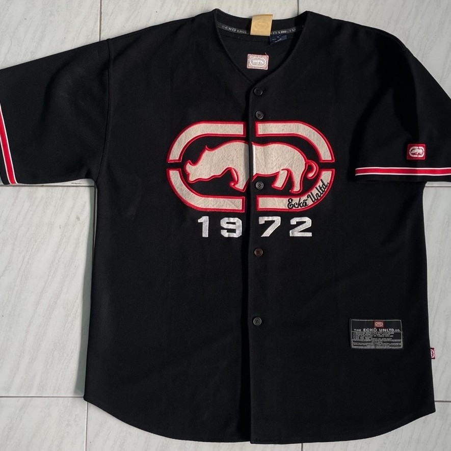 Jersey Baseball Pria Hitam ECKO UNLTD 1972 Lengan Pendek Button Front