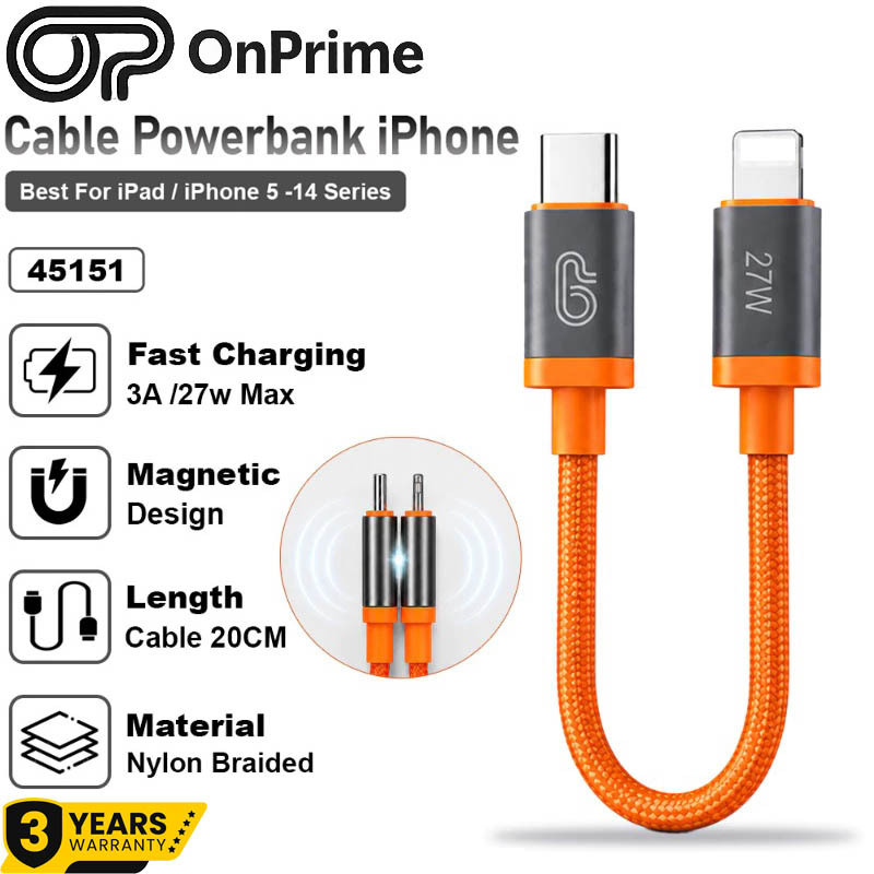 OnPrime Iron Magnetic Type-C to Lightning Cable 20cm 27w 3A - 45151 - for Lightning - Kabel Pendek U