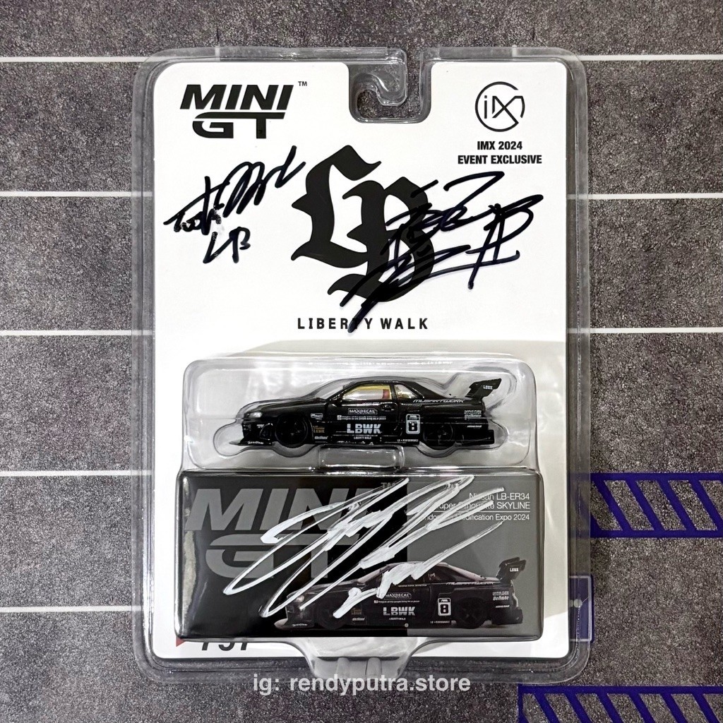 MINI GT Nissan Skyline LB-ER34 Super Silhouette Liberty Walk Limited Event IMX 2024 Sign Kato, Toshi