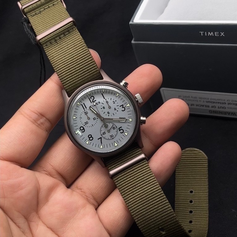 Timex MK1 TW2R67900 Chronograph Mens Silver Dial Green Army Nylon Strap