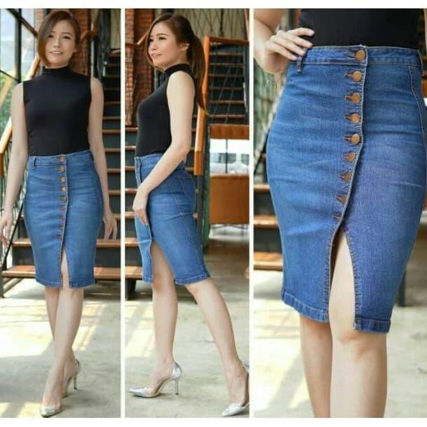 Ckey Rok Jeans Span Kancing / Rok Jeans Wanita