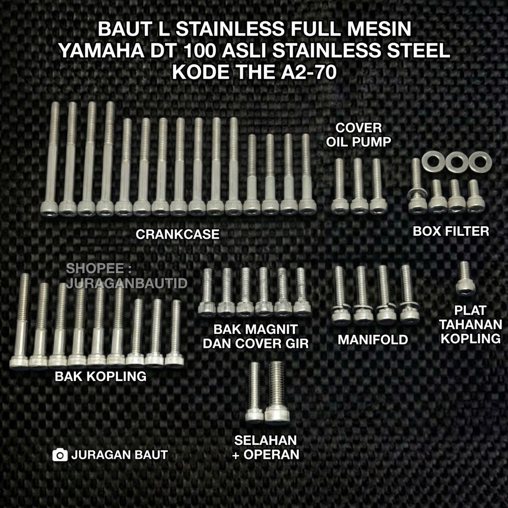 BAUT L STAINLESS SET MESIN CRANKCASE YAMAHA DT 100 ASLI STAINLESS STEEL 100% ANTI KARAT KODE THE A2-