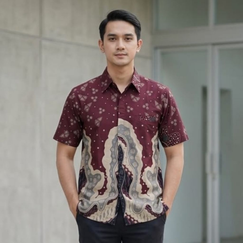 Batik Pria Lengan Pendek Burgandi Katun Prima | Baju Seragam Batik Pria Pesta Dan Kantor - Fatih Bat