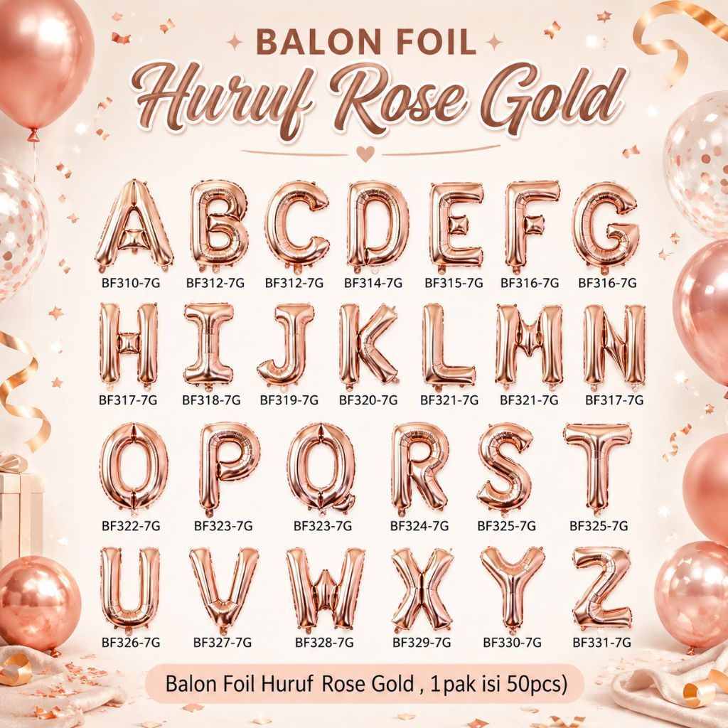 Balon Foil Huruf A-Z (Rosegold), balon foil abjad, balon foil huruf, balon foil, balon huruf