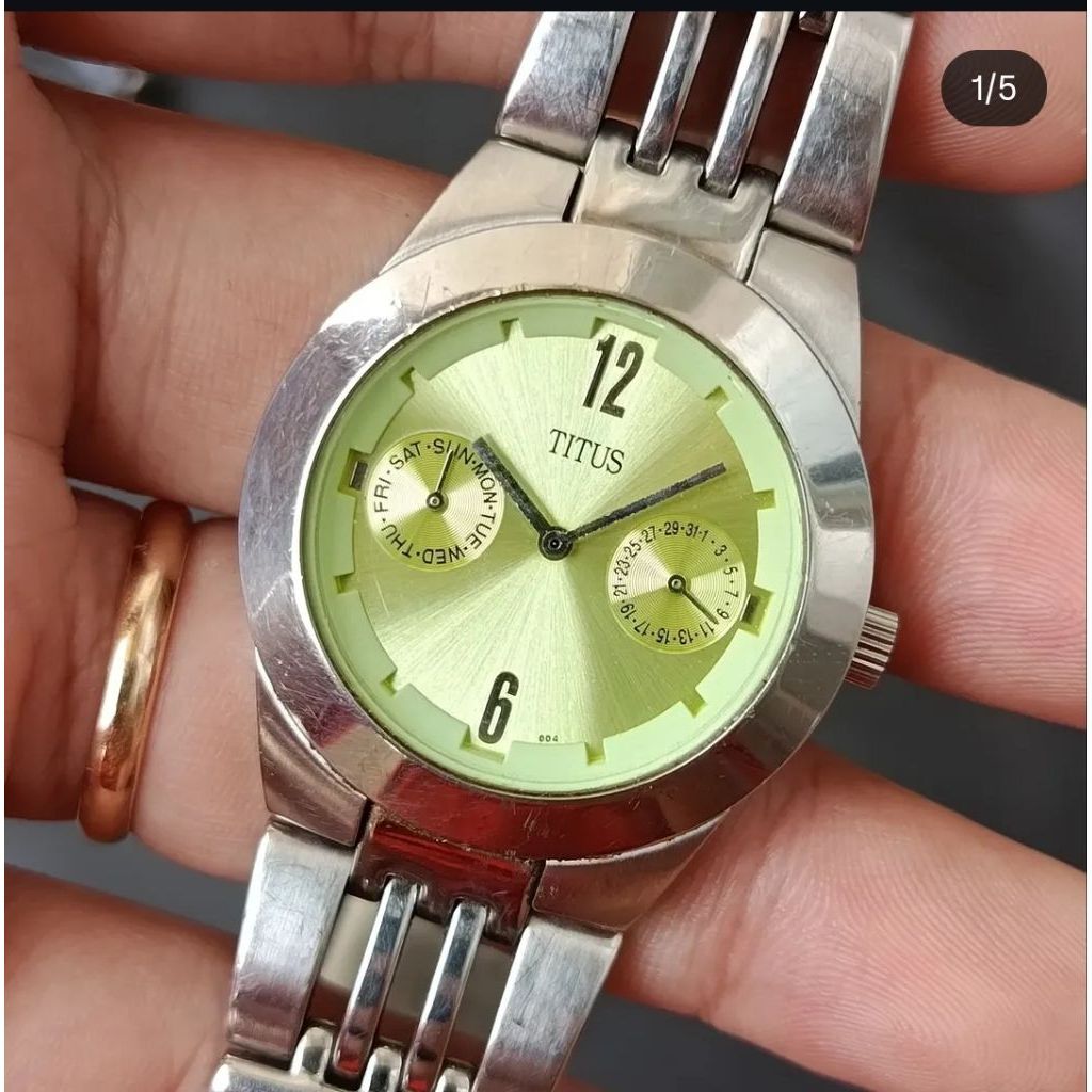 Jam Tangan Wanita Titus Analog Tali Logam Warna Hijau Putih