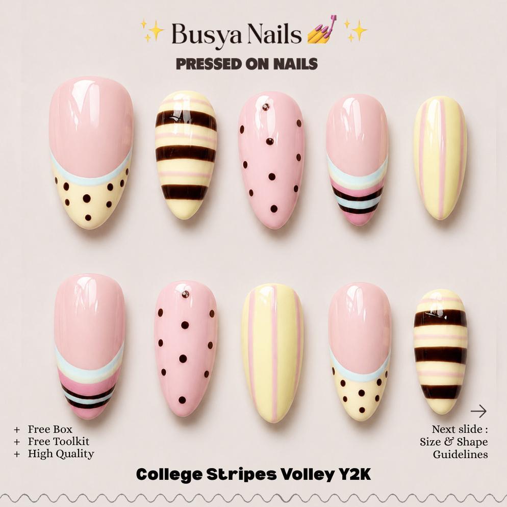 Busya Nails - College Stripes Volley Y2K Pressed On Nails Kuku Palsu Free Tools
