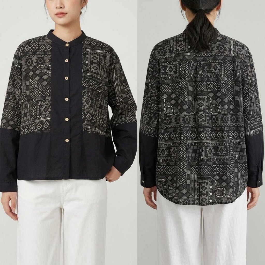 BLUS LINEN HITAM PANEL ETNIK TRIBAL PUTIH OVERSIZE IMPORT