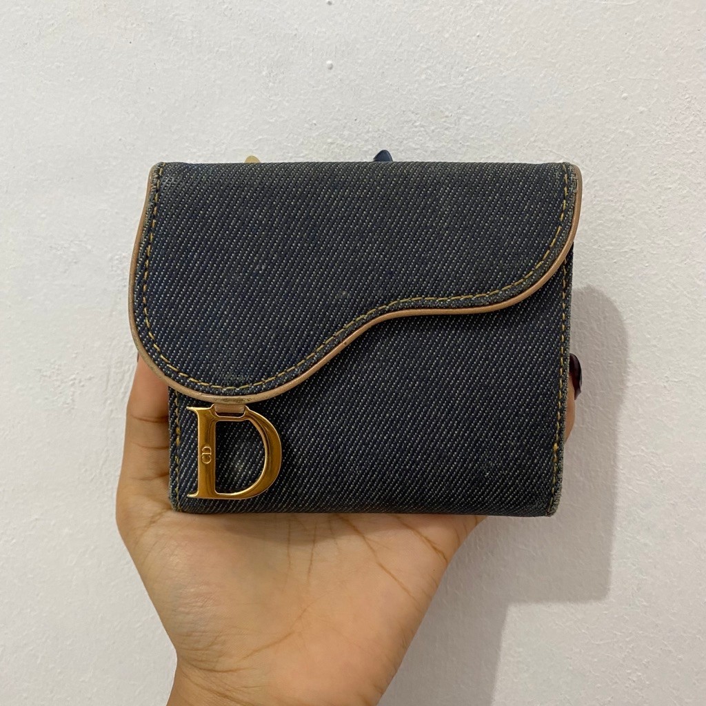 JUAL DOMPET PRELOVED DIOR Denim Compact Saddle Wallet Blue Authentic