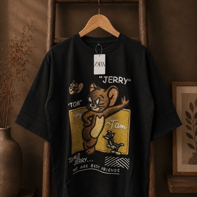 Kaos T-Shirt Wanita ZARA Motif Tom & Jerry Lengan Pendek Casual