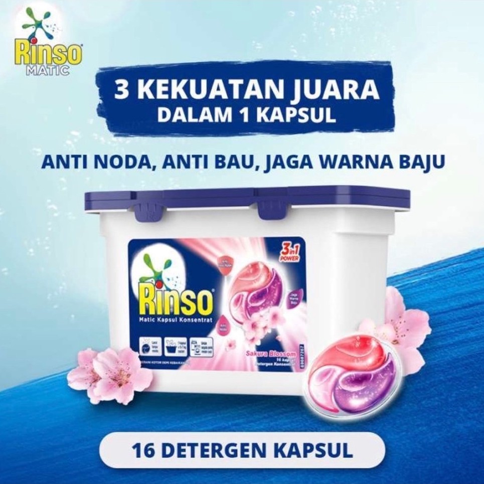 RINSO DETERGENT CAIR CAPSULE KONSENTRAT ISI 16 KAPSUL DETERGEN MATIC KAPSUL SAKURA BLOSSOM ORIGINAL 