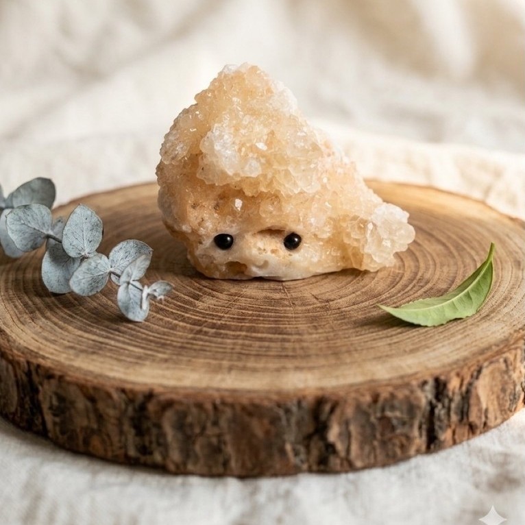 Natural White Calcite Crystal Hedgehog Cluster - Ukiran Landak Batu Alam Asli