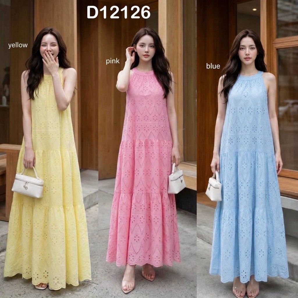 Giselle Broderie Eyelet Halterneck Long Dress / Dress Casual Cantik Premium Wanita D12126
