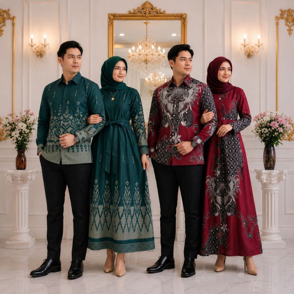 Batik Pria Lengan Pendek dan Gamis Busui Batik couple - baju batik keluarga moderen gamis wanita kem