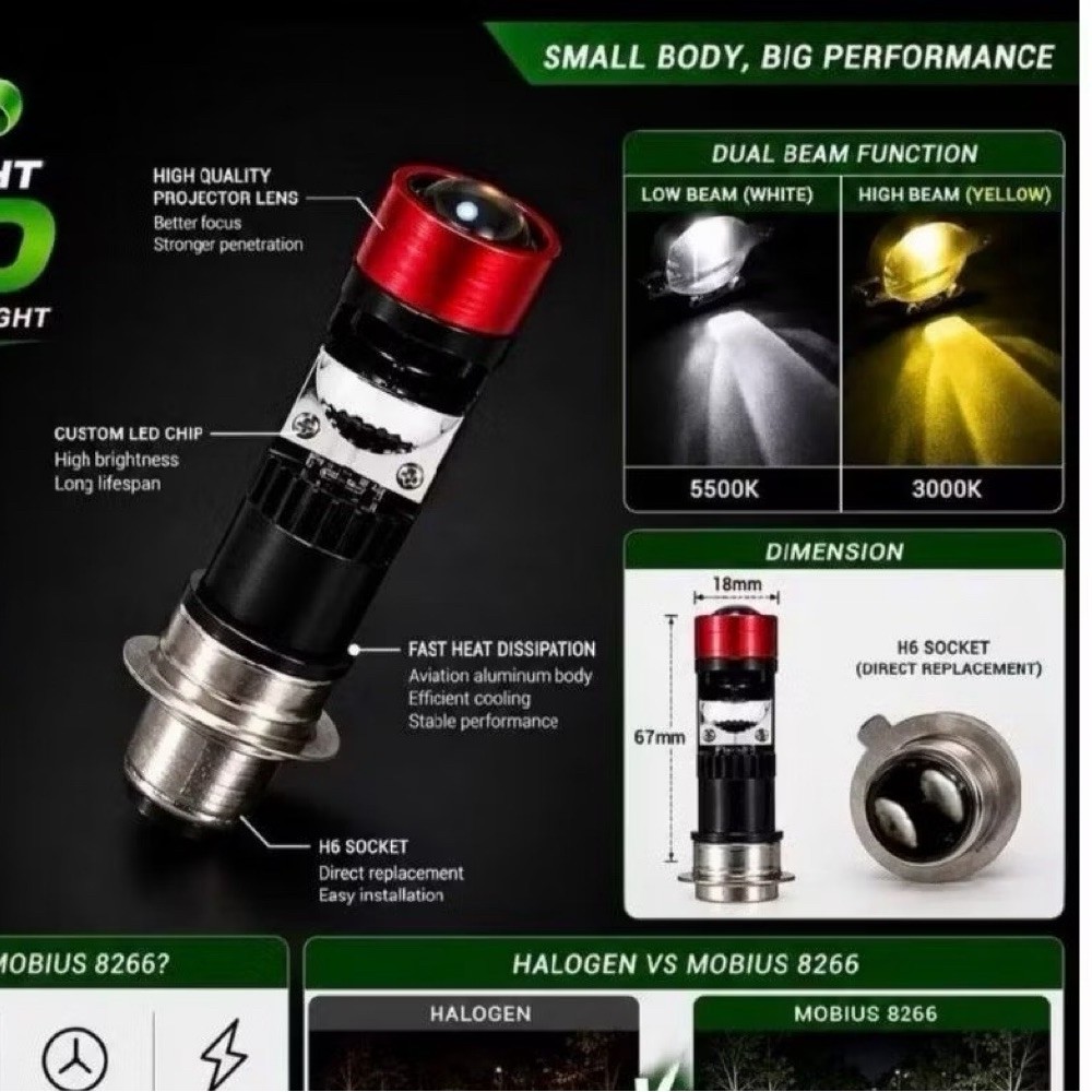 MODISH 5345 / MOBIUS 8266 - LAMPU DEPAN LED CAHAYA BILED H6 D2 CAHAYA PUTIH / PUTIH - PUTIH / KUNING