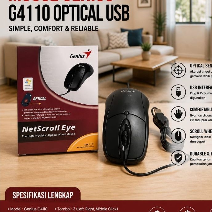 Mouse Wired Genius G4110 NetScroll Eye Optical USB Scroll Wheel 3 Tombol Hitam