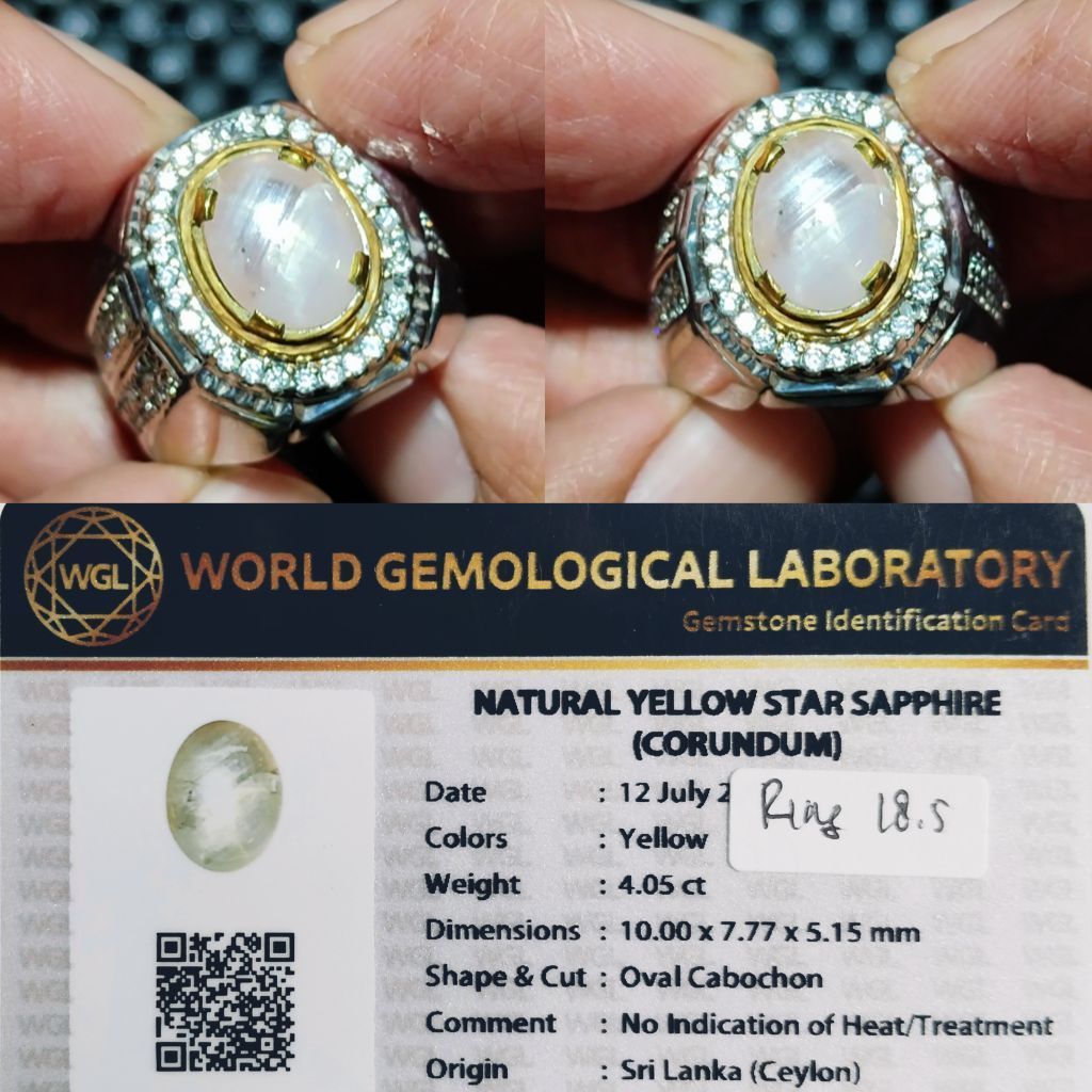 Batu Akik Natural Yellow Star Sapphire Ceylon Sri Lanka 4.05ct No Heat Asli Ring 18.5 Perak Mewah Pl