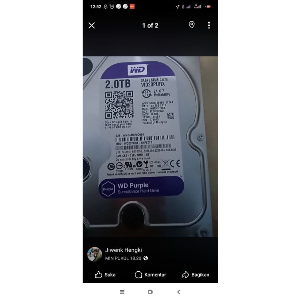 WD PURPLE Hardisk 2TB Second Bekas CCTV Mulus Sentinel 100/100%