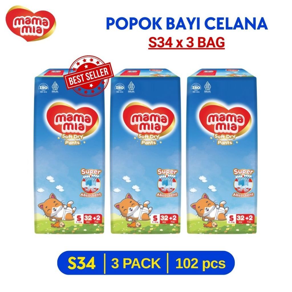 [3BAG] MAMAMIA Popok Bayi Celana Anti Ruam S34 M30 L26 XL22 Pcs HALAL