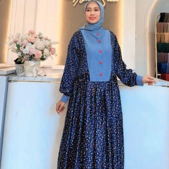 GAMIS WANITA MUSLIMAH MOTIF BUNGA BIRU LENGAN PANJANG || VANILA DAILY DRESS NAVY EAZY STYLE