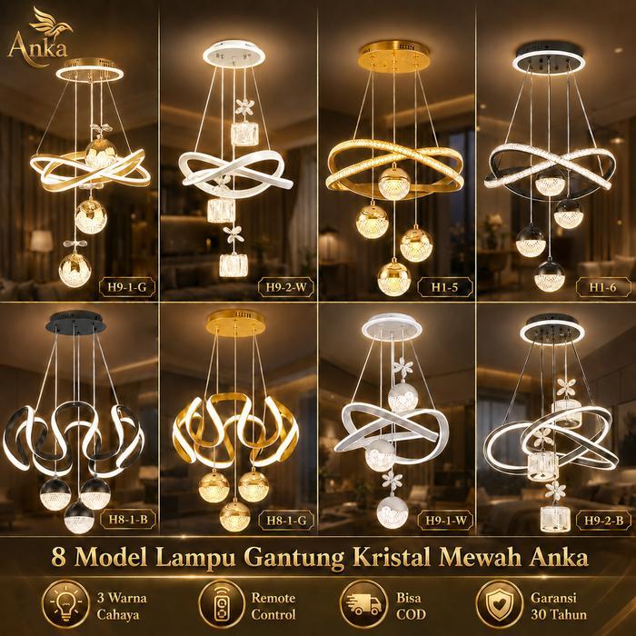 ampu Gantung Ruang Tamu Aesthetic LED 3Warnadengan Remote Control Lampu Gantung Kristal Makan Dekora