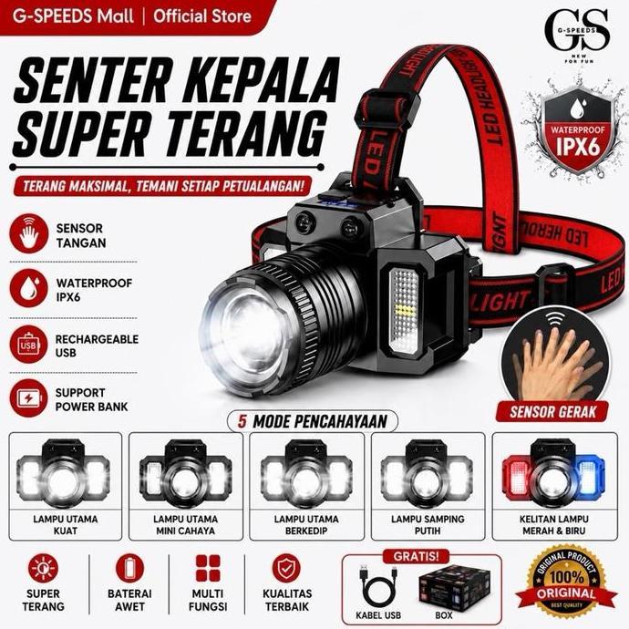 Gs Lampu Kepala Led/Headlamp F-T51/Super Terang 5000 Lumen/Usb Charging Senter Senter Hiking