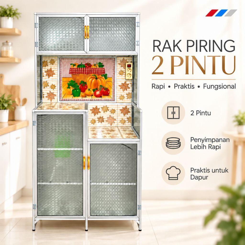 Rak Piring Alumunium Kaca 2 Pintu Lemari Dapur Penyimpanan Minimalis