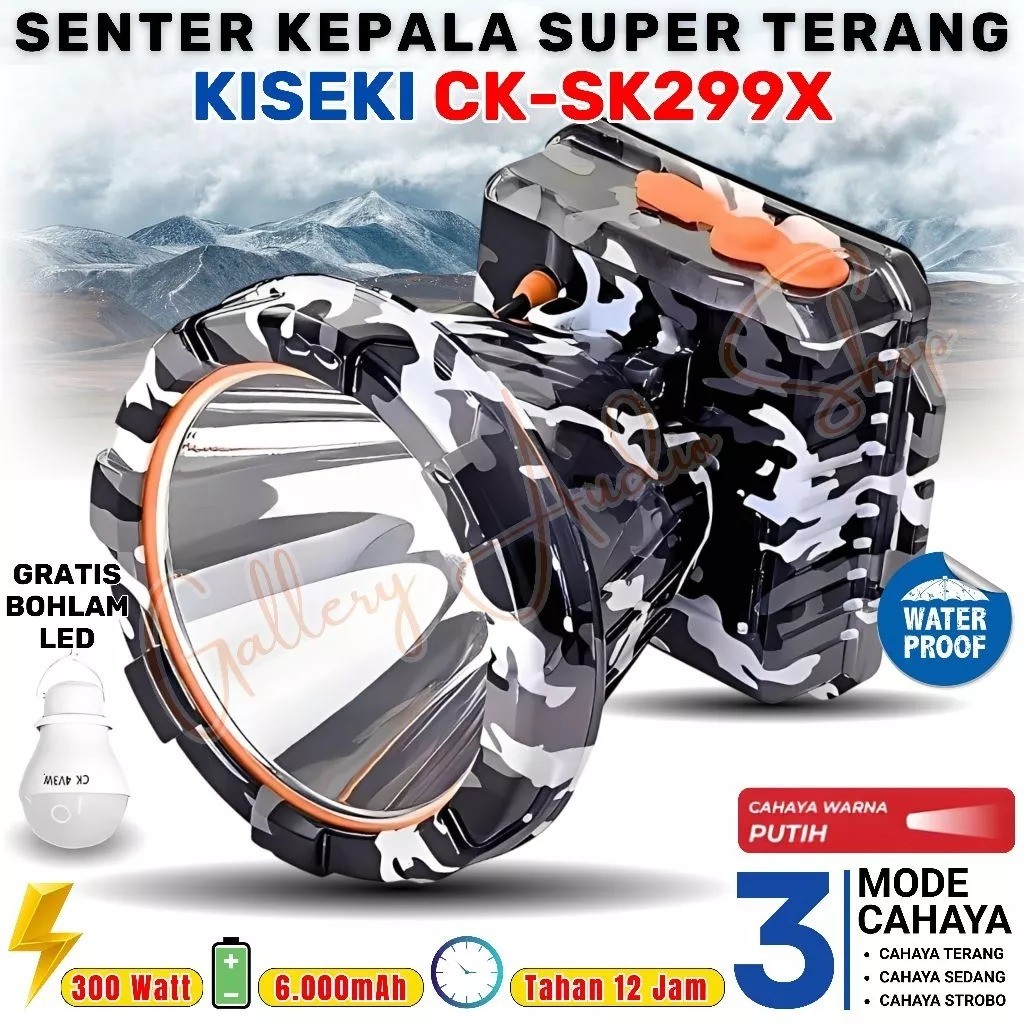 KISEKI Senter Kepala CK-CK299X 300W 6000mAh Cahaya Putih Tahan 12 Jam Waterproof