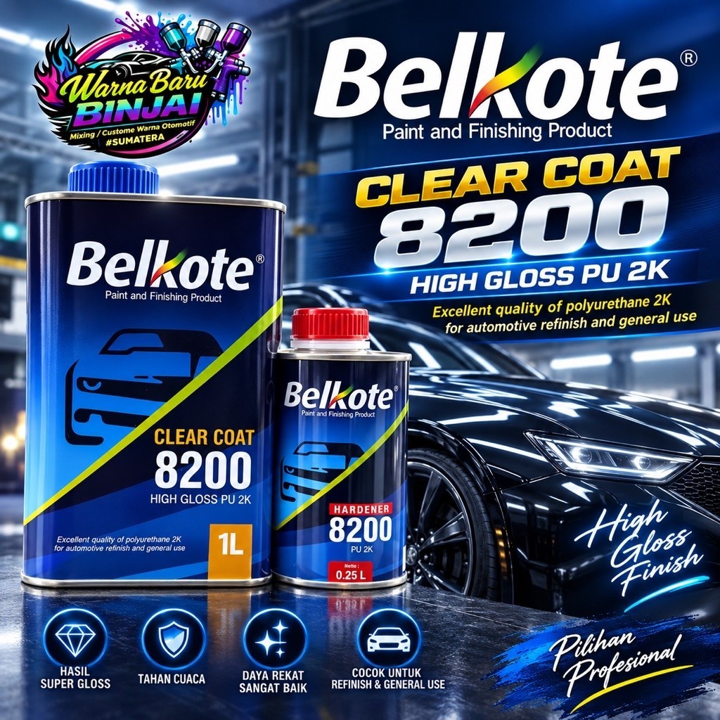 CLEAR/PERNIS BELKOTE PU 2K CLEARCOAT 8200 GLOSS 1L SET / Clear Belkote 8200 Gloss Anti Gores