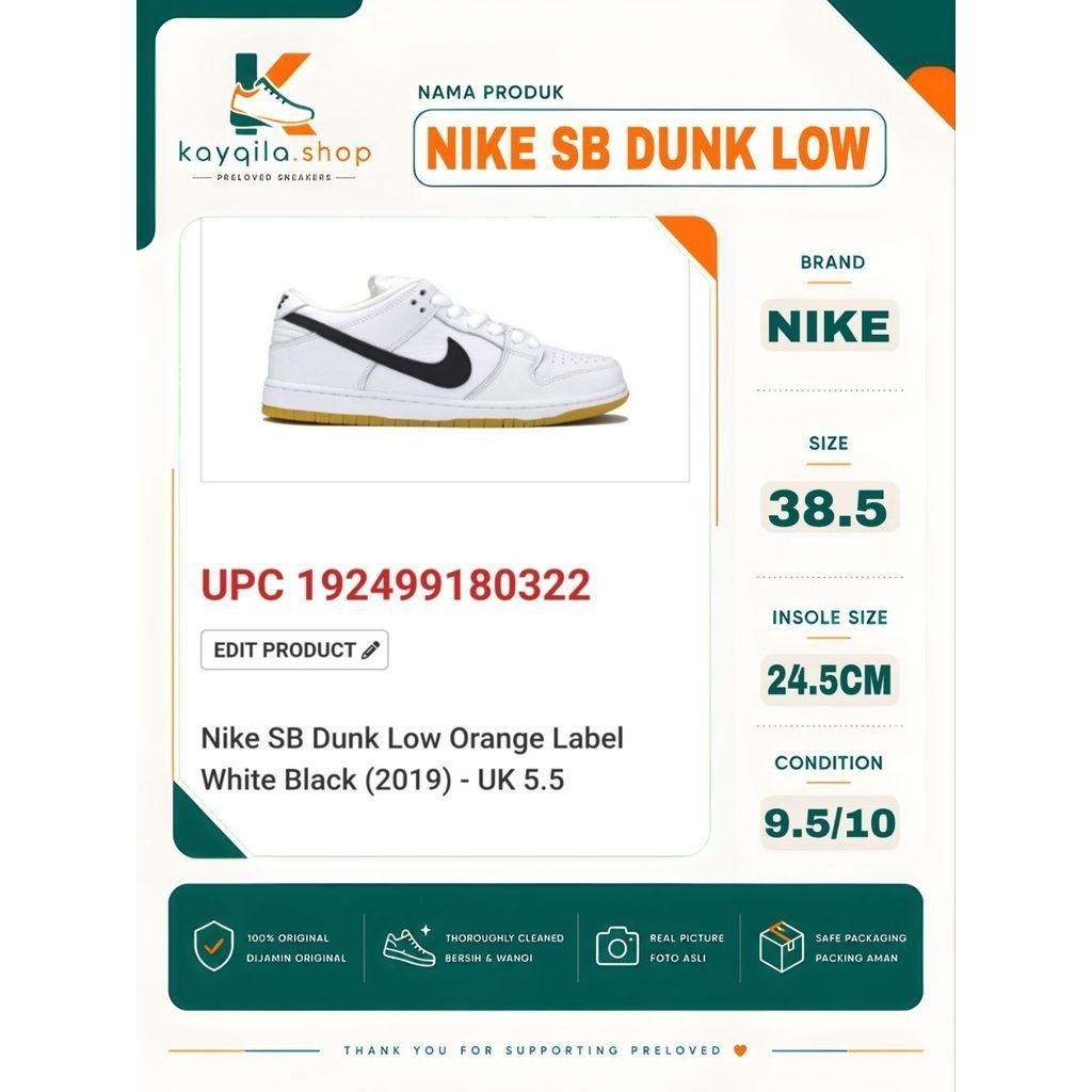 Sepatu Nike SB Dunk Low Size 38 Preloved Second Original