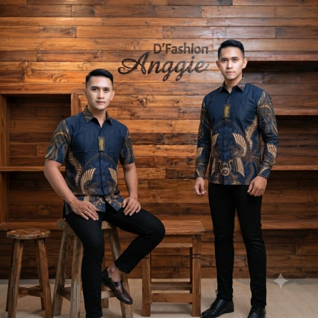 Kemeja Batik Pria Warna Navy / Biru Dongker  Lengan Panjang & Pendek Bahan Katun Printing Premium Mo