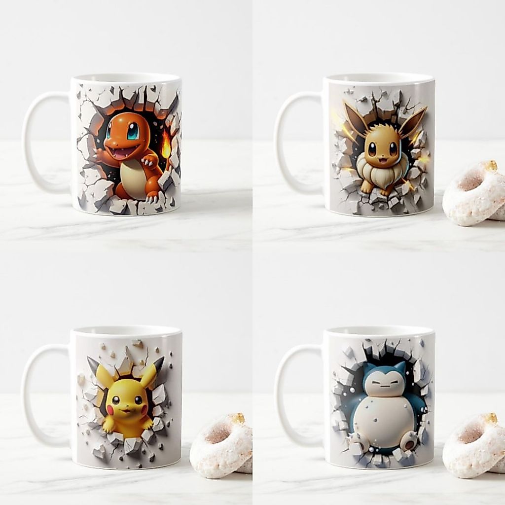 Mug Gelas Efek 3D Pokemon new Pikachu Charizard Evee Snorlax Celebi Bulbasaur Pichu Mew Squirtle Cha