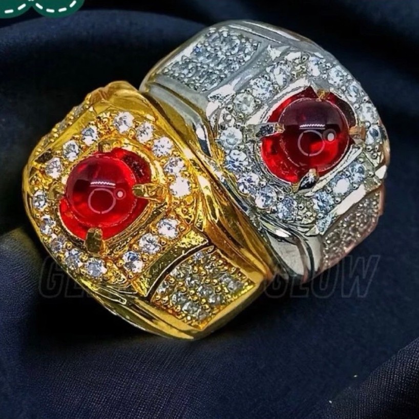 Cincin Pria Model Batu Akik Modern - Desain Korea, Warna Emas Batu Merah