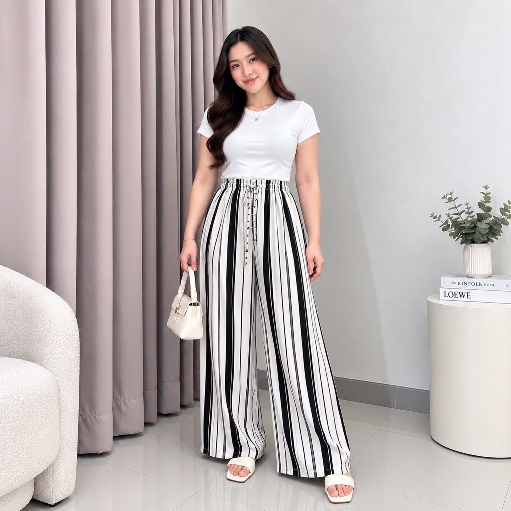 Celana Kulot Wanita Motif Salur Stripe Pants Kain Rayon Bali All Size & Jumbo