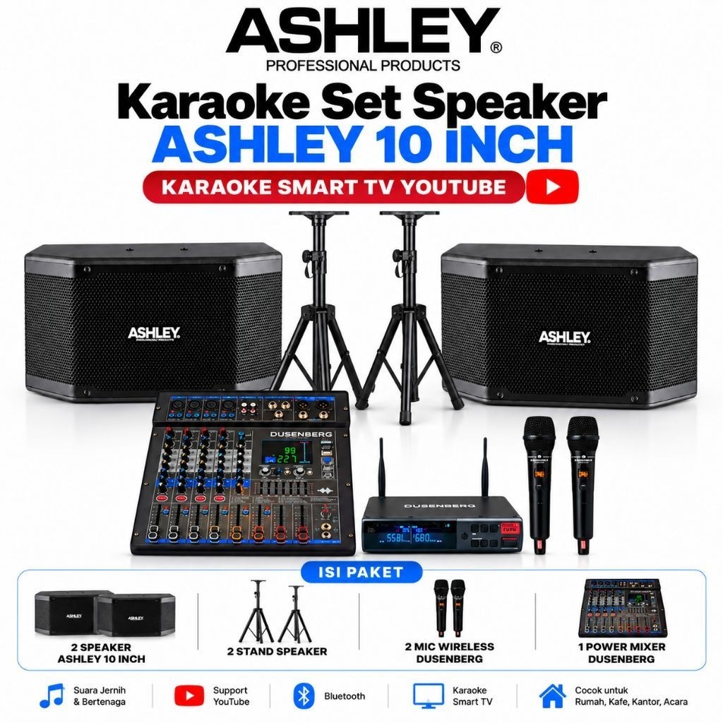 Karaoke Set Speaker ASHLEY 10 Inch + 2 Mic Wireless DUSENBERG | Paket Karaoke Smart TV YouTube
